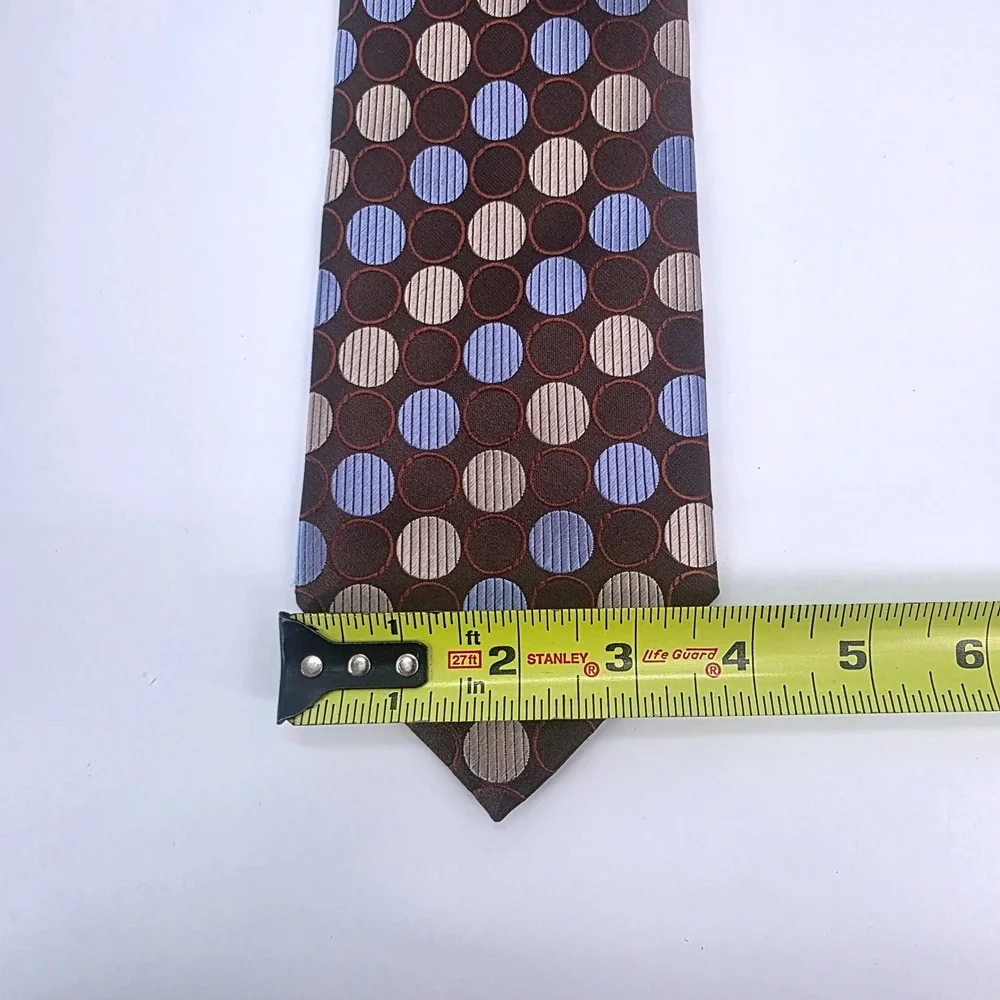 Ferucci‎ Mens Silk Necktie Brown Blue Tan Geometric Circle Polka Dot Handmade